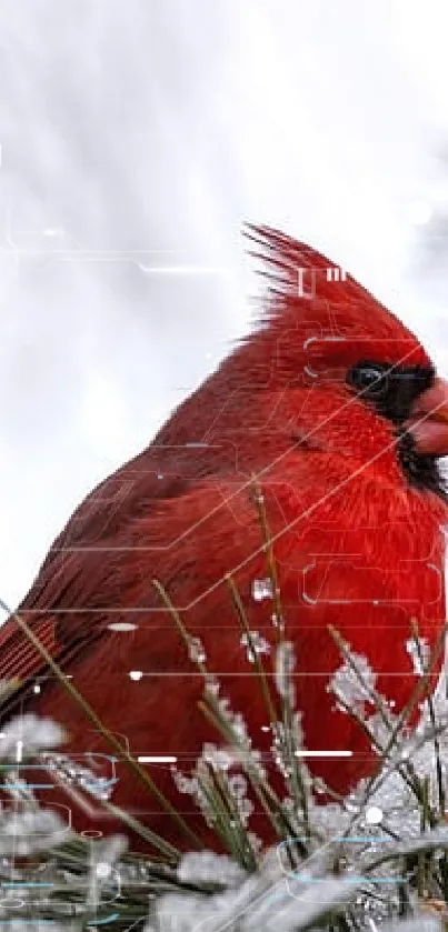 Vibrant red cardinal perched on frosty pine branches.