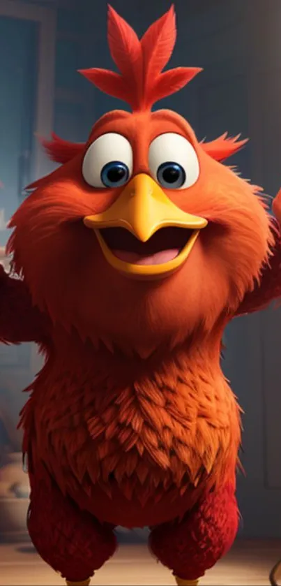 Cheerful red cartoon bird with big eyes and vibrant feathers.