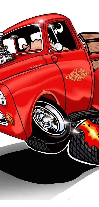 Cartoon illustration of a vintage red truck with dynamic flames.