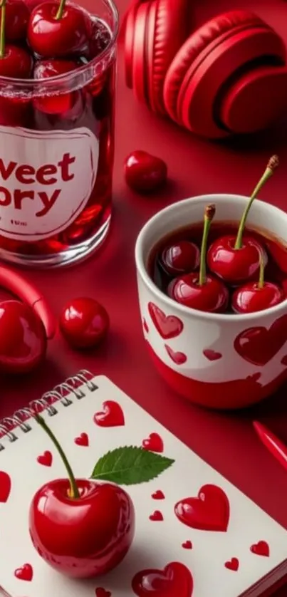 Cozy setting with cherries, hearts, and red headphones.