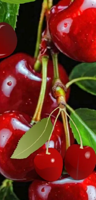 Vibrant red cherries with green leaves close-up.