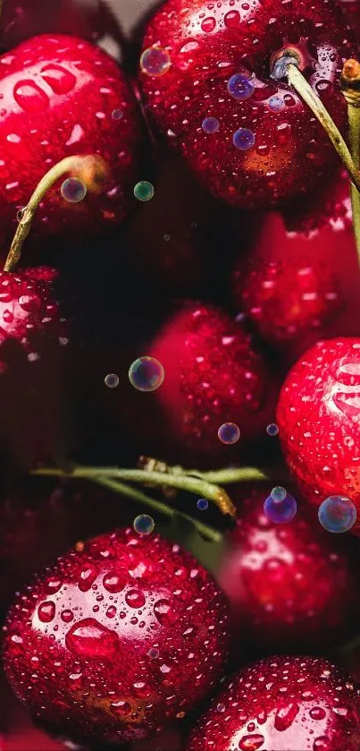 Mobile wallpaper featuring vibrant red cherries with water droplets.