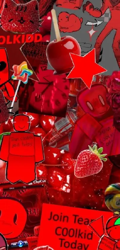 Vibrant red-themed collage with playful graphics.