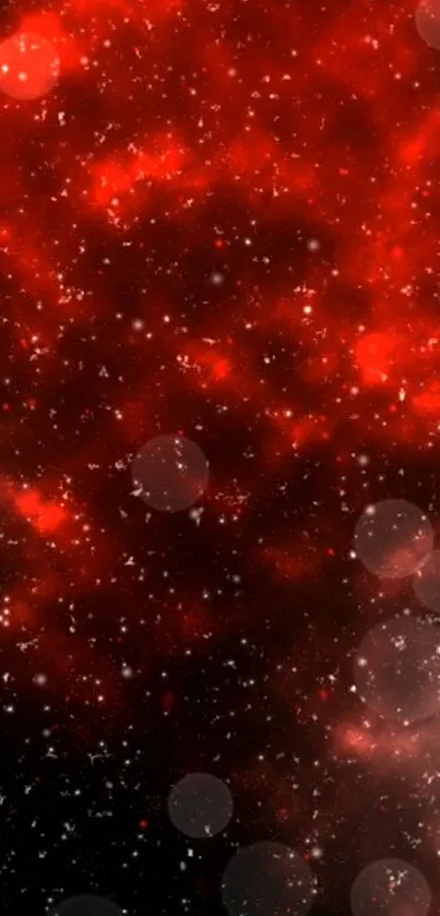 Vibrant red cosmic wallpaper with bokeh and stars.