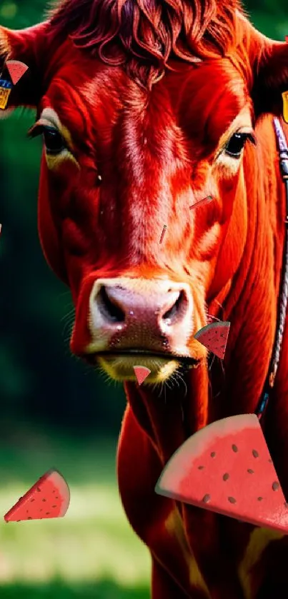 Stunning red cow in green field mobile wallpaper.