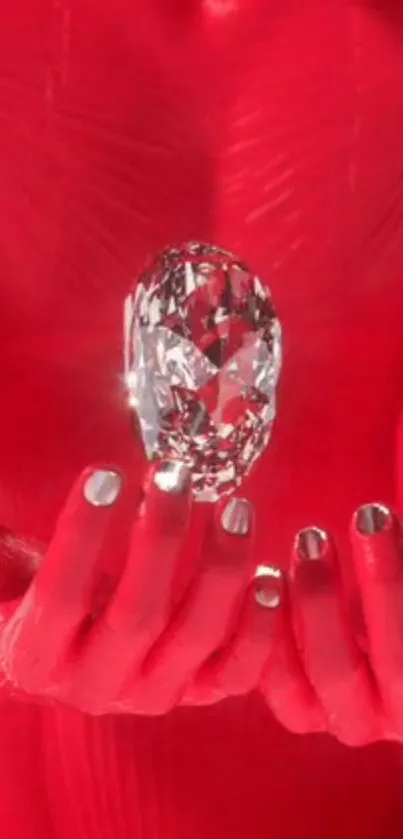 Red hands hold a gleaming diamond in artistic wallpaper.