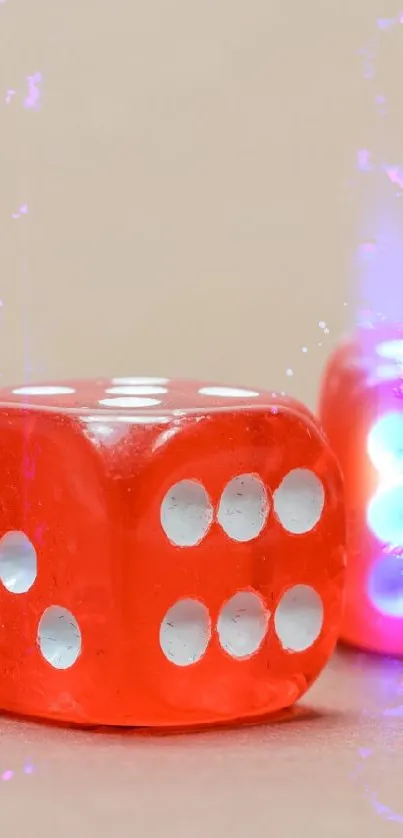 Four vibrant red dice on a soft pink background