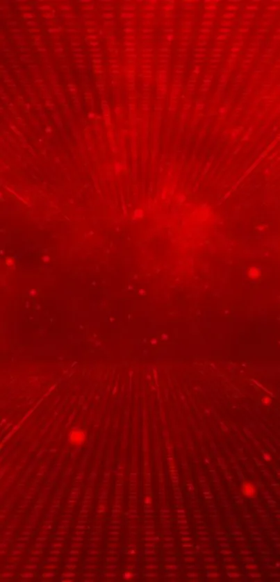 Vibrant red digital wallpaper with dynamic grid pattern and particle effects.