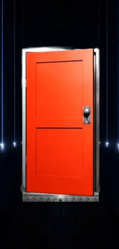 Vibrant red door with dark background, futuristic style.