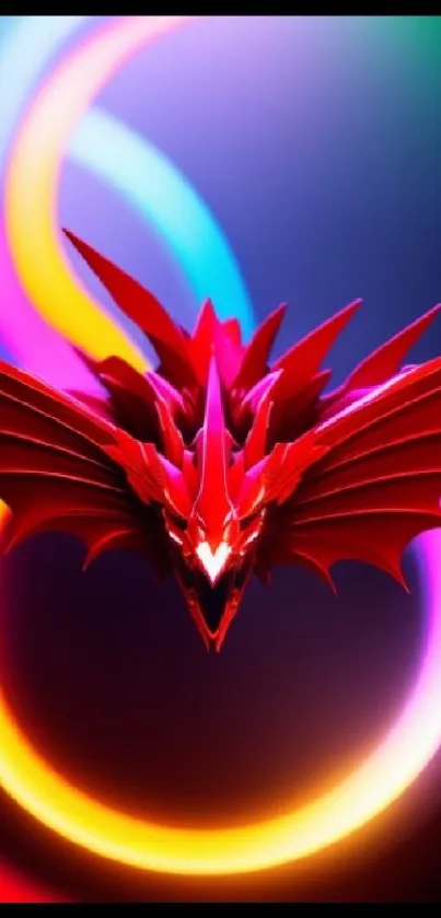 Red dragon with neon lights in abstract design wallpaper.