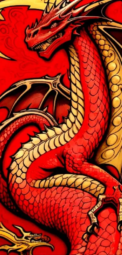 Red dragon artwork with golden details, vibrant fantasy design.