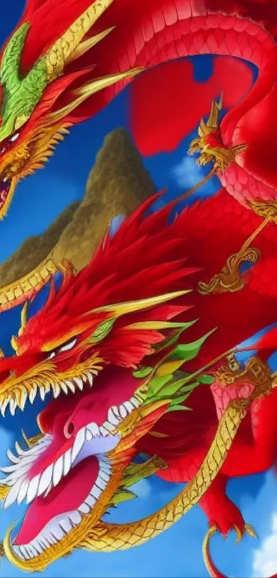 Vibrant red dragon with dynamic details on a colorful background.