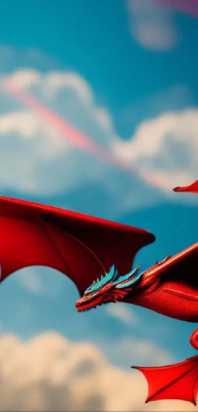 A vibrant red dragon flies through a sky with soft clouds in this fantasy mobile wallpaper.
