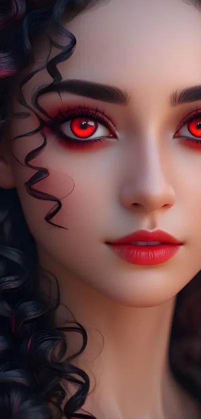 Artistic woman with vibrant red eyes and curly hair in digital design.