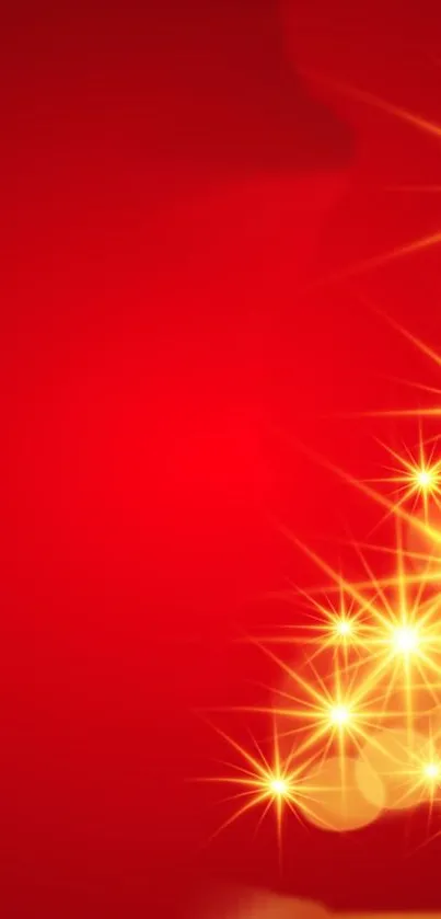 Vibrant red background with sparkling Christmas tree design.