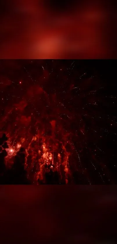 Dark red fireworks exploding in the night sky, creating a festive atmosphere.