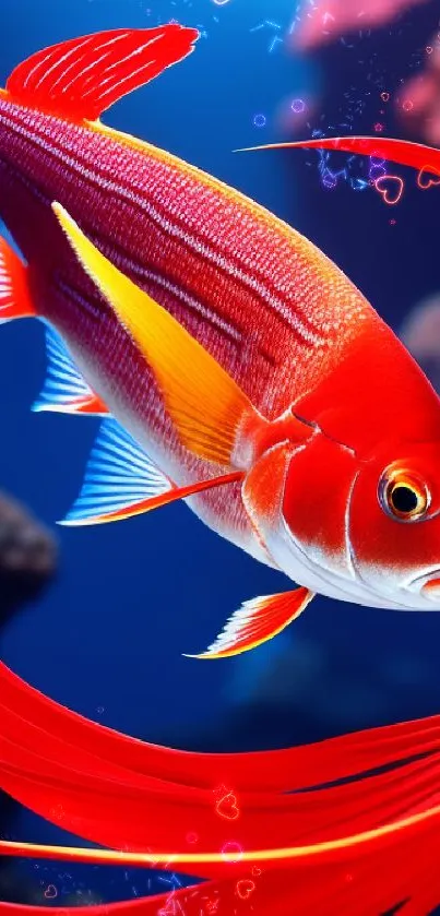 Bright red fish swimming in a vivid underwater scene.