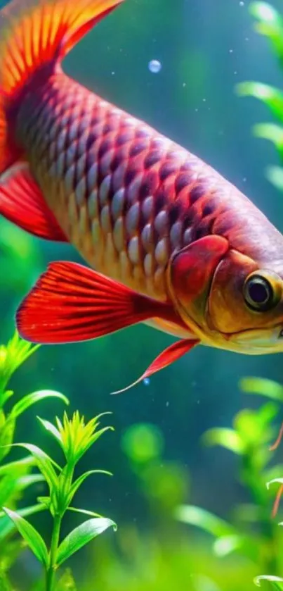 A vibrant red fish gliding among green plants.