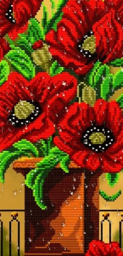 Pixelated red poppies in a vase wallpaper