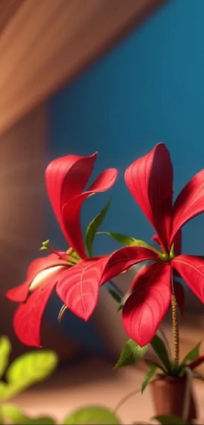 Vibrant red flower against a blue background.