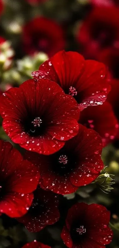 Bright red flowers with dewdrops on petals.