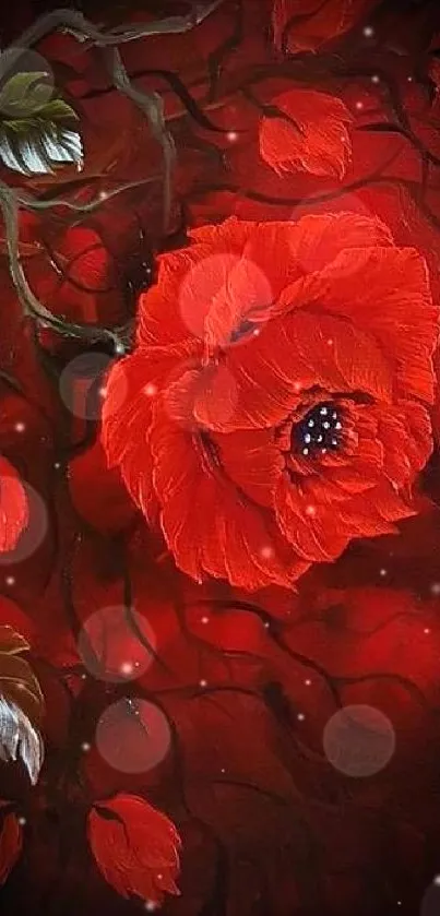 Vibrant red flower with leaves on dark background.