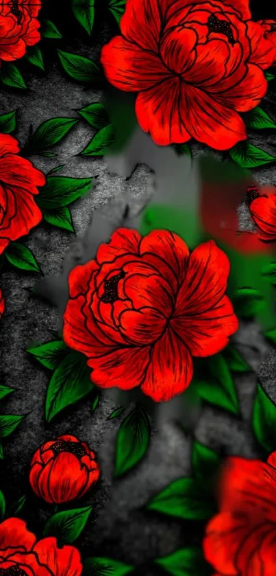 Vibrant red flowers with green leaves on a dark textured background.