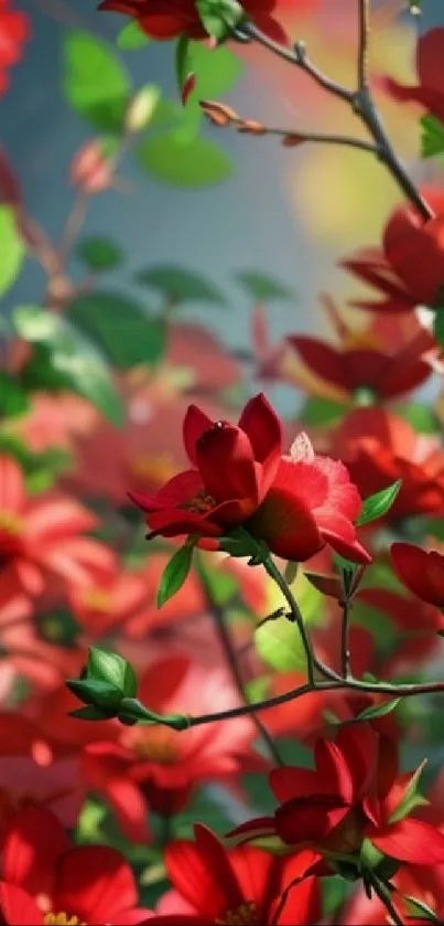 Red flowers and green leaves on a branch in a vibrant floral scene.