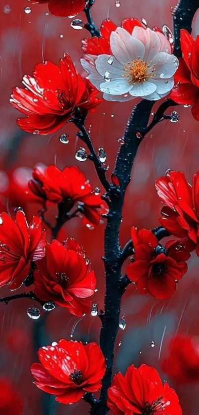 Red blossoms with raindrops on branches.