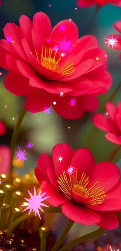 Vibrant red blossoms with gold details on a mobile phone wallpaper.