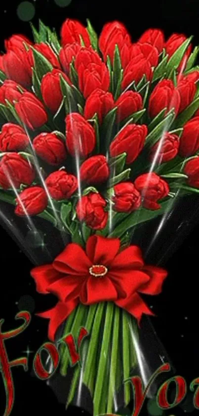 Red flower bouquet with green stems and elegant bow.