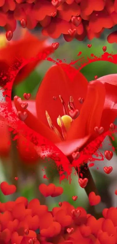 Vibrant red and green tulip flower wallpaper with heart design.