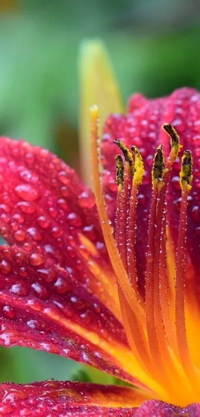 Red flower with dewdrops, vibrant mobile wallpaper.