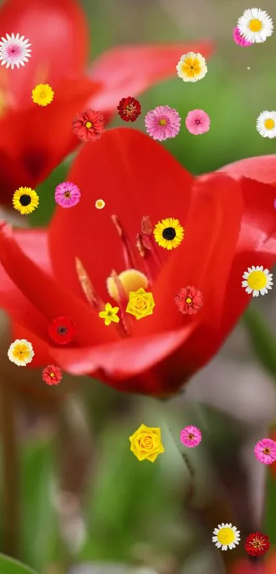 Vibrant red flower wallpaper with colorful blossoms and lush greenery.