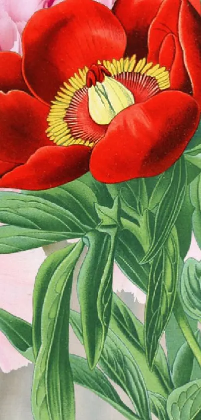 Vibrant wallpaper with a red flower and green leaves.