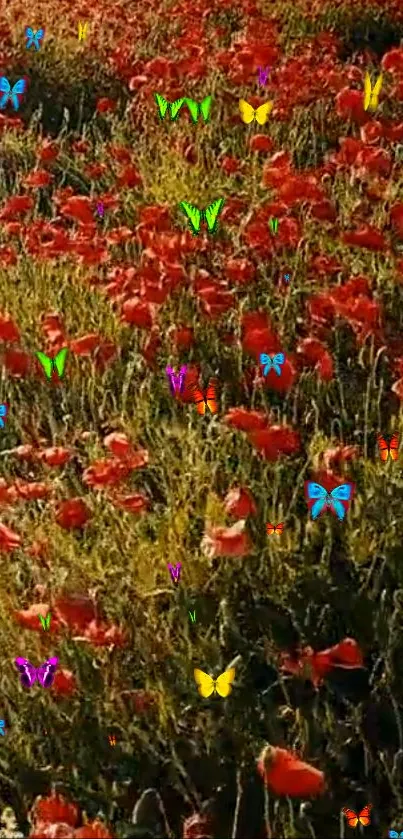 Vibrant red flowers and colorful butterflies in a lush field.