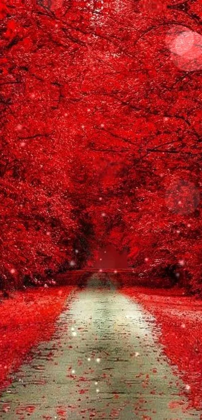 Red forest path with vibrant leaves and tranquil scenery.