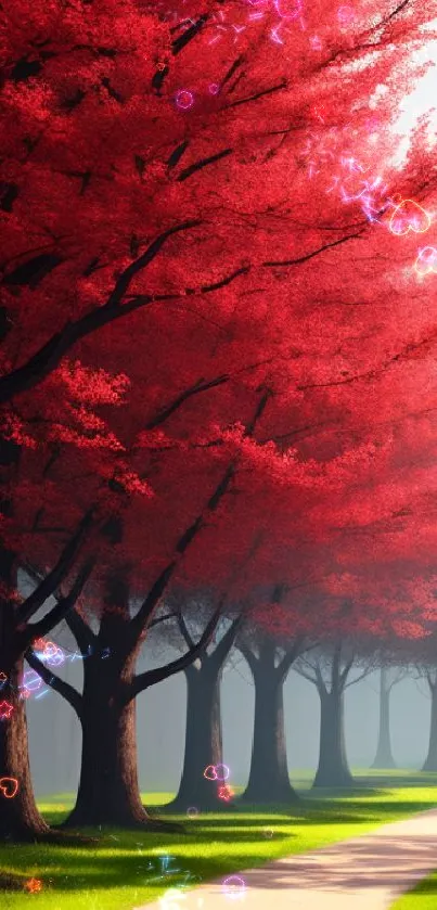 Pathway lined with vibrant red trees on a sunny day.