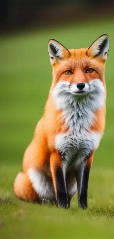 Majestic red fox on lush green field wallpaper.