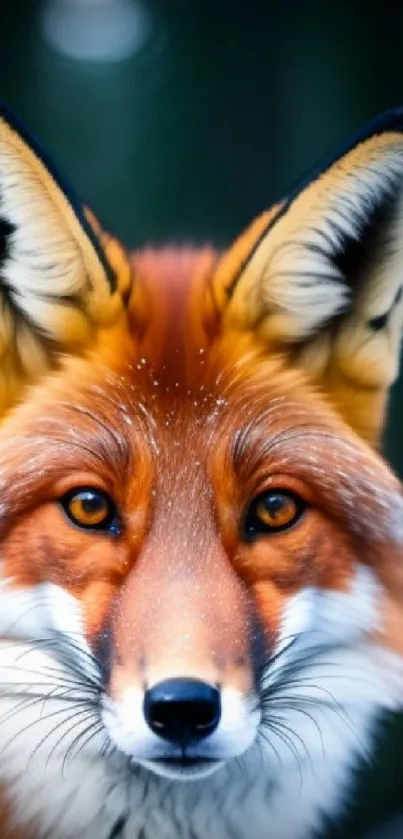 Close-up of a vibrant red fox with striking orange fur in a forest background.