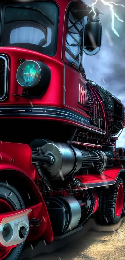 Futuristic red truck in a stormy scene.