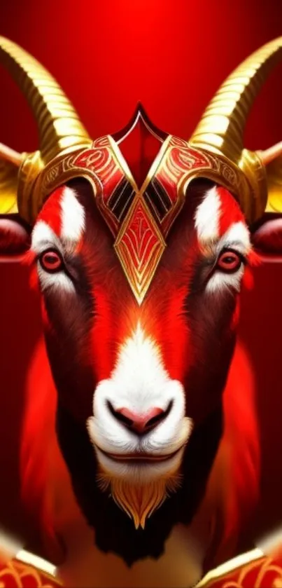 Majestic goat with gold detail on red backdrop.