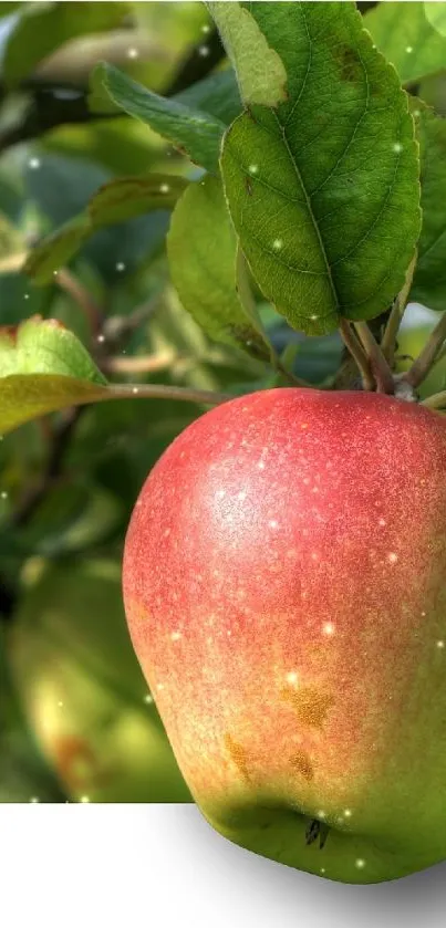 Close-up of a red and green apple on a tree branch with green leaves.