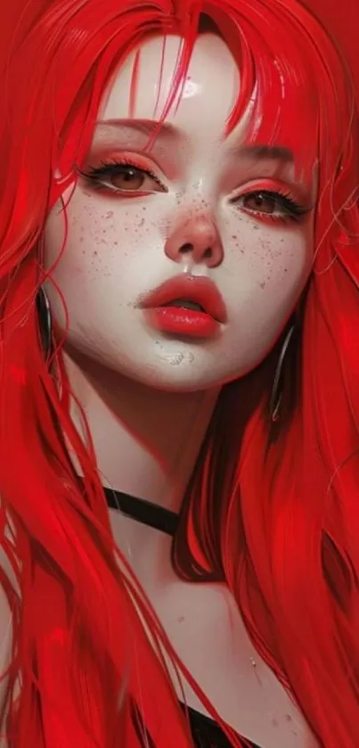 Anime character with red hair and freckles on red background.