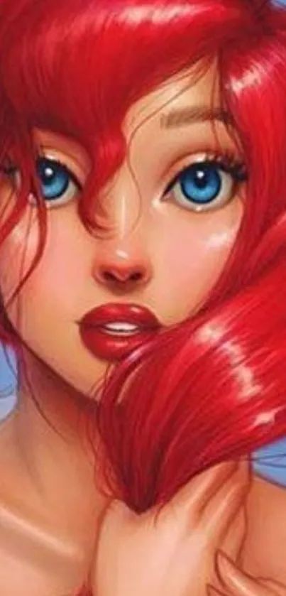 Artistic wallpaper of a red-haired character with big blue eyes.