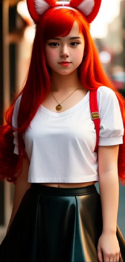 Vibrant cosplay girl with red hair and ears in urban setting.