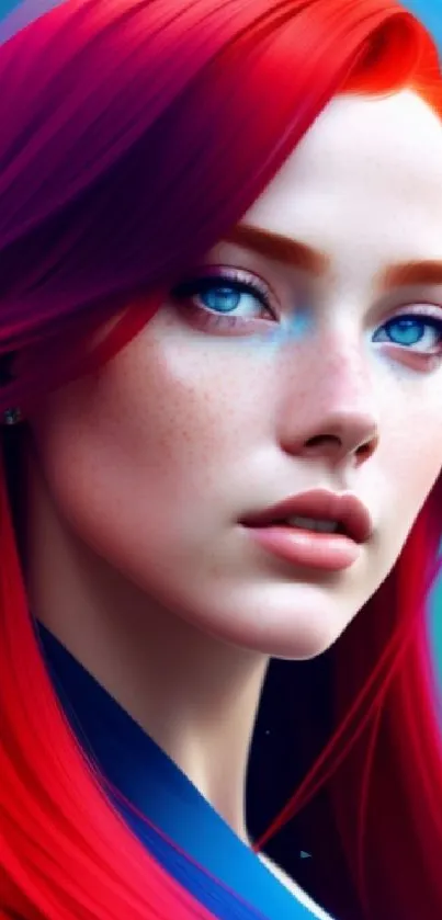 Vibrant red-haired woman with striking blue eyes mobile wallpaper.