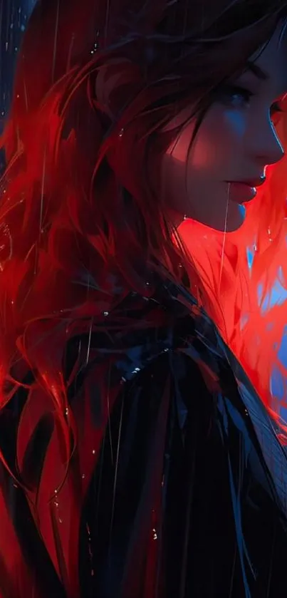 Digital art of a profile with vibrant red hair in the rain.