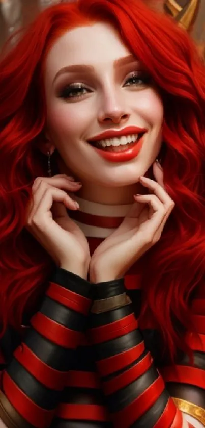 Mobile wallpaper of a red-haired warrior in bold colors.