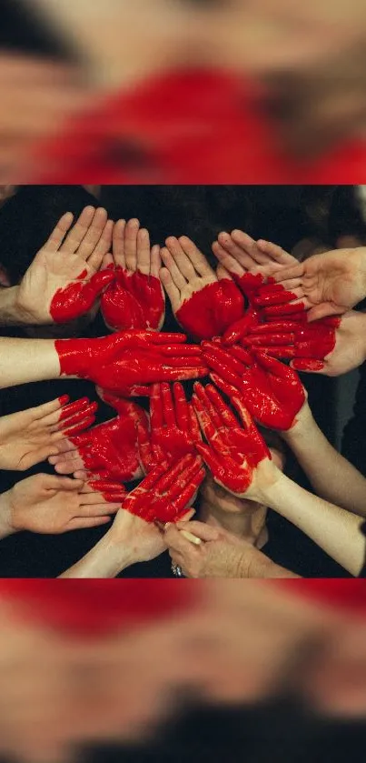 Vibrant red painted hands arranged creatively.